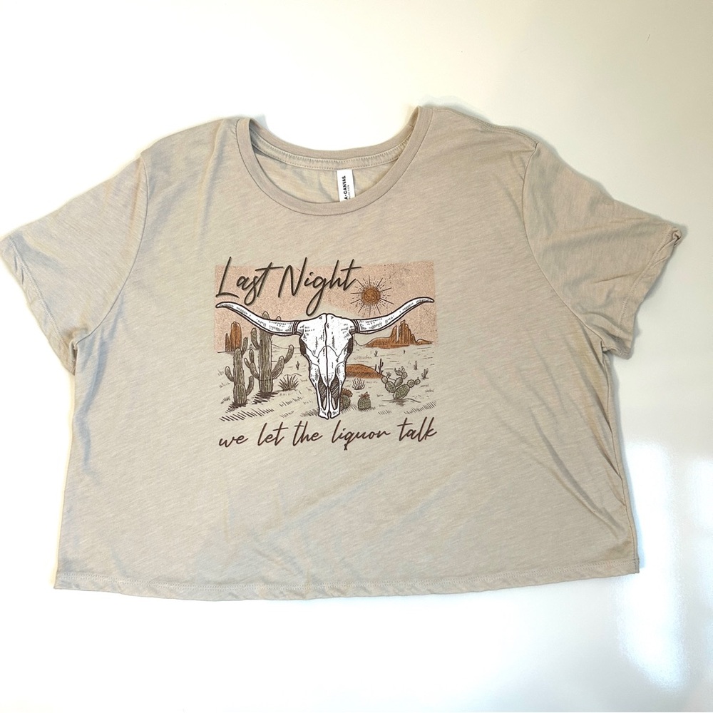 Morgan Wallen Last Night We Let the Liquor Talk  Beige Graphic Cropped Tee